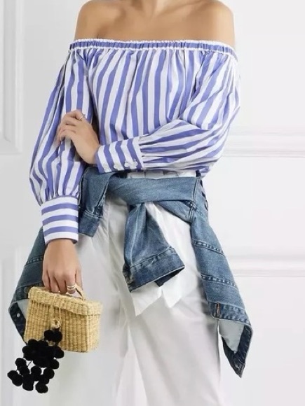 Thomas Mason For J.Crew Off Shoulder Blue White Striped Poplin Blouse
